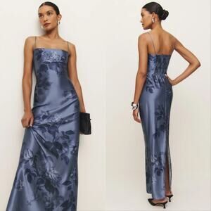 New Reformation Frankie Floral Silk Maxi Dress Trieste Border Blue